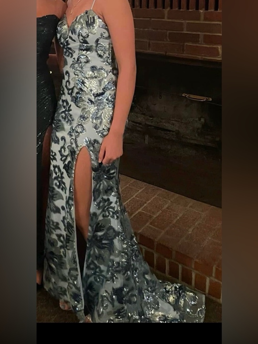 Silver and Charcoal Sequin Floral Prom Gown with Front Slit